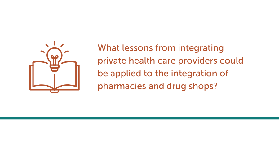 What lessons can be learned from integrating private healthcare providers that could be applied to the integration of pharmacies and drug shops?