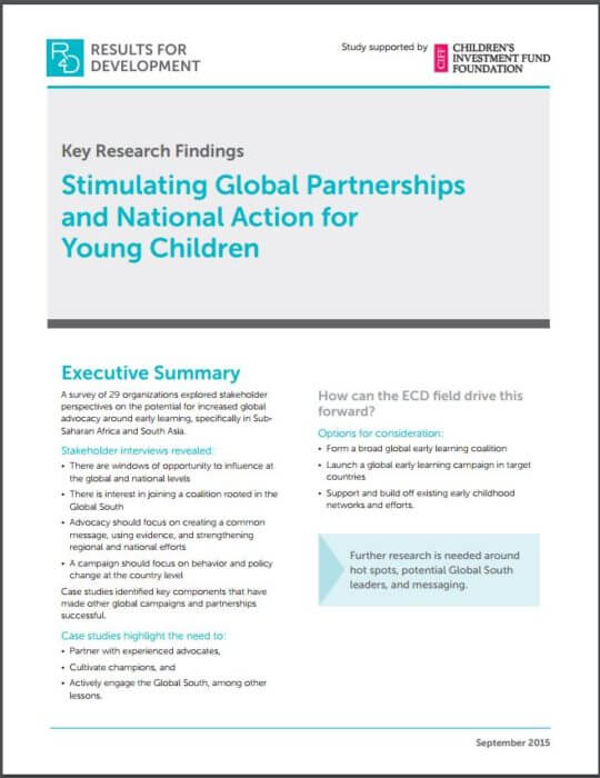 Stimulating Global Partnerships and National Action Young Children