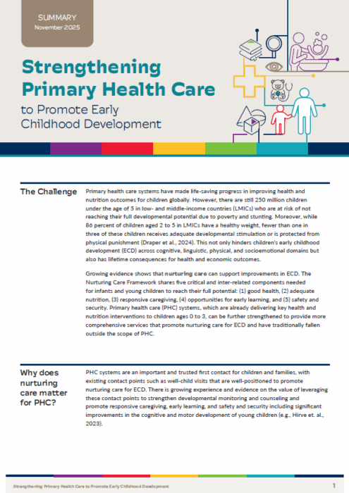 Strengthening primary health care to improve early childhood development Executive Summary report cover