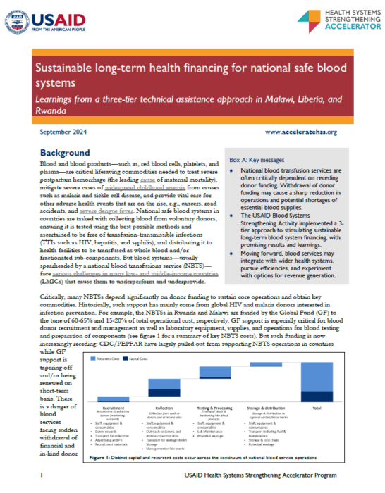 Sustainable long term health financing for national safe blood systems Malawi, Liberia and Rwanda report cover