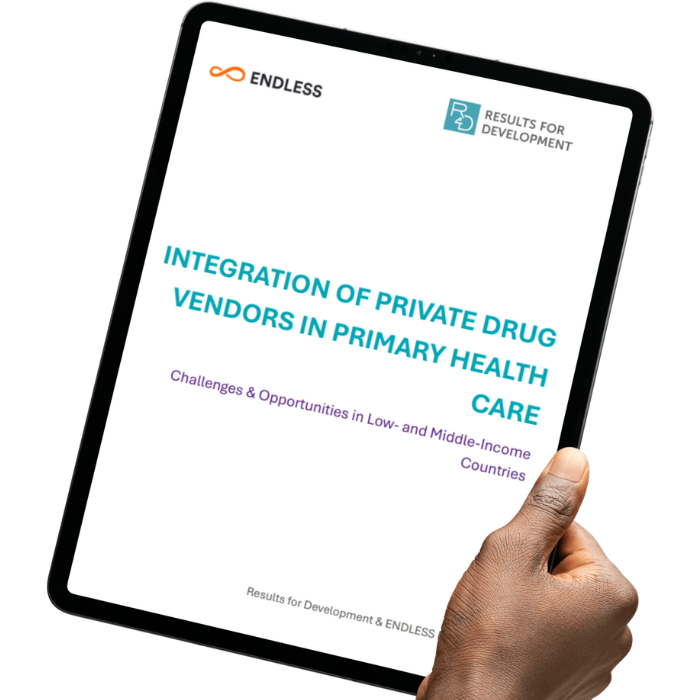 Global Landscape Report titled Integration of Private Drug Vendors in Primary Health Care pictured on a tablet screen