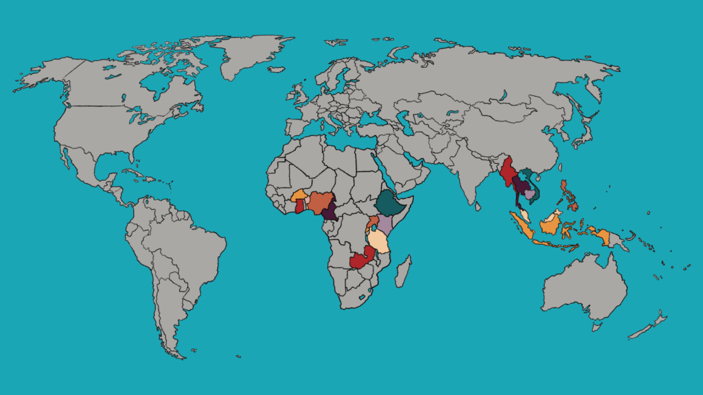 Map showing countries in Africa and South East Asia where the strategic health purchasing progress tracking framework has been applied